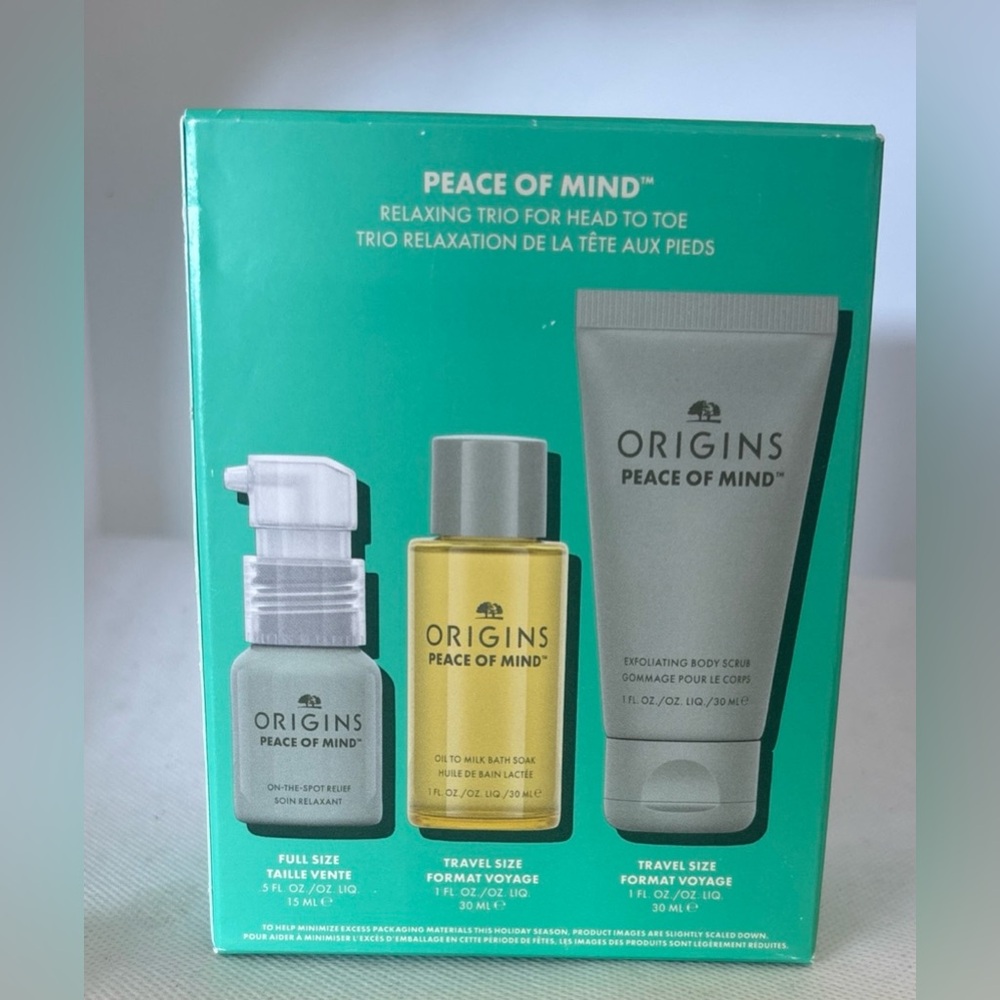 Origins peace of mind Spot Relief, bath soak , body scrub travel trio